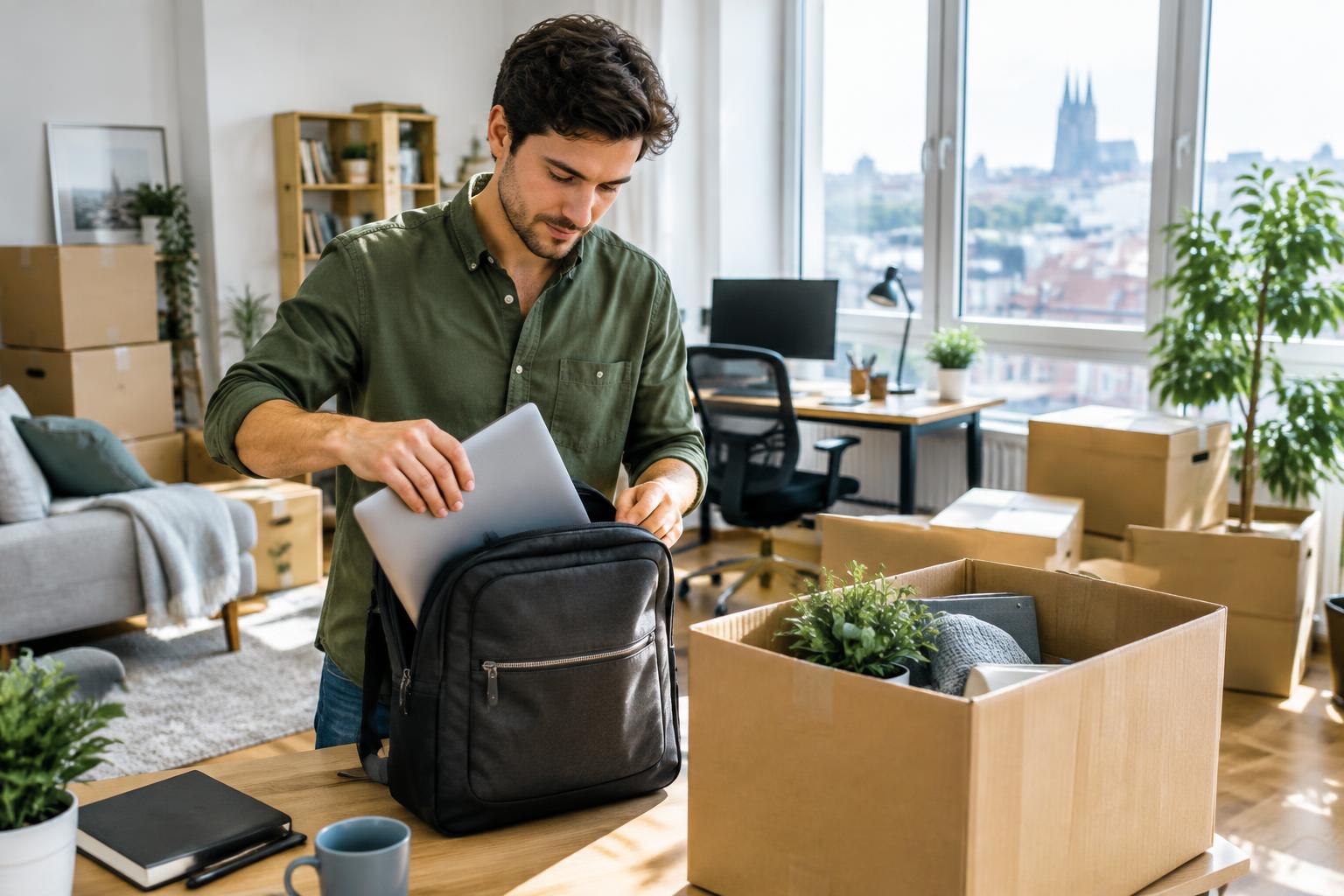 Ein Mann packt seine Arbeitstasche für den beruflichen Neustart
