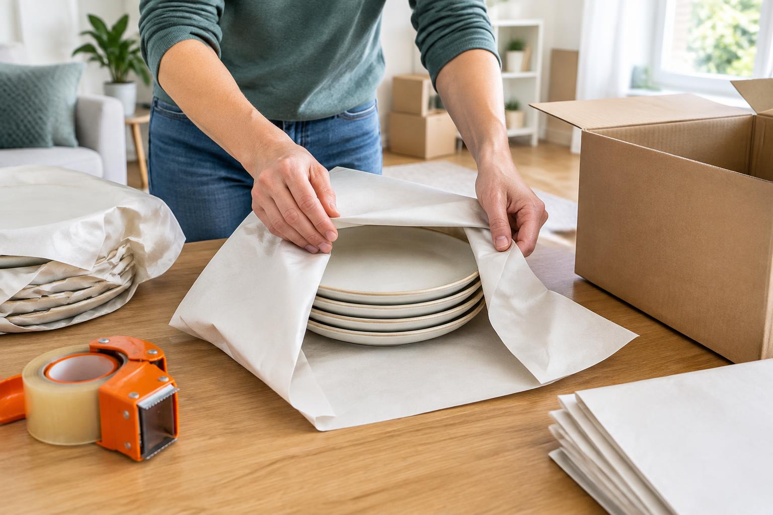 Hände verpacken Teller mit Packpapier neben einem offenen Umzugskarton
